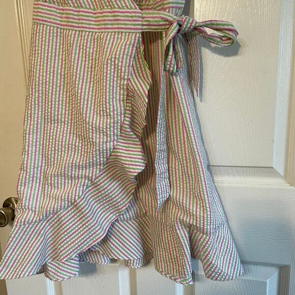 DRAPER JAMES RSVP Puff Sleeve Wrap Dress Ruffled Seersucker Striped Sz medium - Picture 3 of 16